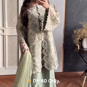 Pastel Green Floral Embroidered Net Kurti Set – Dh 40 Only